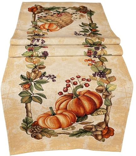 Tischläufer Herbst 45 x 140 cm mit gewebtem Kürbismotiv Gobelin-Art - Tischdeko für Küche & Tisch