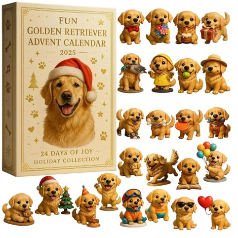 Niedlicher Golden Retriever Adventskalender 2025 für Hundeliebhaber, 24 Stück 2D-Acryl-Hundeornamente, Welpen-Themen-Weihnachts-Countdown-Kalender, lustiges Weihnachts-Geschenk-Set für Tierliebhaber