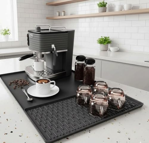 BRYOND Silicone Coffee Bar Mat (60×40cm) with Detachable Dish Drying Mat (38×20cm) – Waterproof Non-Slip Countertop Protector for Espresso Machine, Drip Tray, Heat Resistant Kitchen Mat