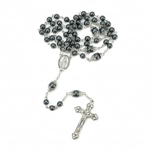 YAZWUR Rosenkranz-Kette mit Kreuz, Rundperlen-Kette „Schwarzer Blaustein“, inkl. schwarzer Samt-Tasche (54 cm) (Schwarz)