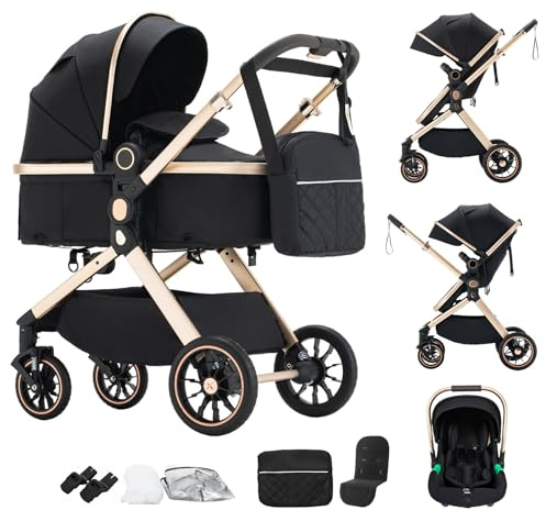 Shineey Kinderwagen 3 in 1, Alltags Buggy Faltbarer Kinderwagen Set, Kombikinderwagen 3 in 1 mit Großer Bequemer Babywanne, Laufwagen Rahmen Aluminiumlegierun (U9-X//BLACK, U9-X)