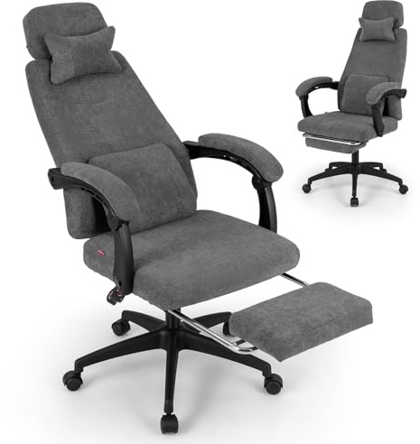 FANTASK Bürostuhl, Ergonomischer Schreibtischstuhl mit Liegefunktion & einziehbarer Fußstütze, Chefsessel mit Wippfunktion, Drehstuhl für Zuhause, Büro, Grau