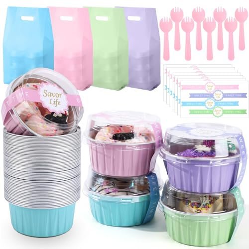 Acellegic 212pcs Macaron Mini Loaf Pans Set with Lids and Spoons Include 5oz Disposable Aluminum Foil Baking Pans, Lids, Spoons, Sealing Stickers and Gift Bags for Dessert Cake