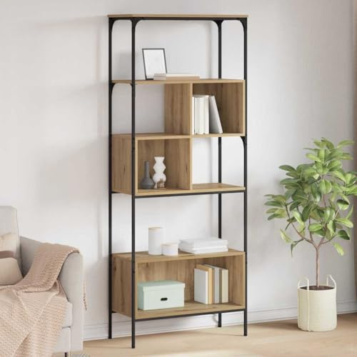 Massbinet Bücherregal Bücherschrank mit offenen Regalebenen Standregal geräumiger Wohnzimmerschrank Stahlgestell Industrie-Design Artisan-Eiche 76 x 33 x 188,5 cm Holzwerkstoff