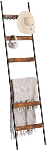 6 Tier Towel Ladder with Wood Grain Accents, Metal Leaning Towel Rack | 185cm/6ft Rustic Throw Ladder, Industrial Shabby Chic Decorative Rack for Bathroom & Living Room, Rustic Brown 1 Pack
