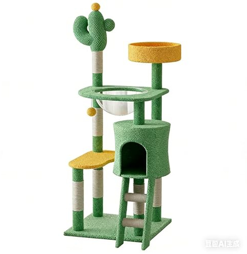 WCDFTASL Kaktus-Katzenklettergerüst mit Raumschiffnest, Sprungplattformen und Kratzbaum for Zimmerkatzen(Black)
