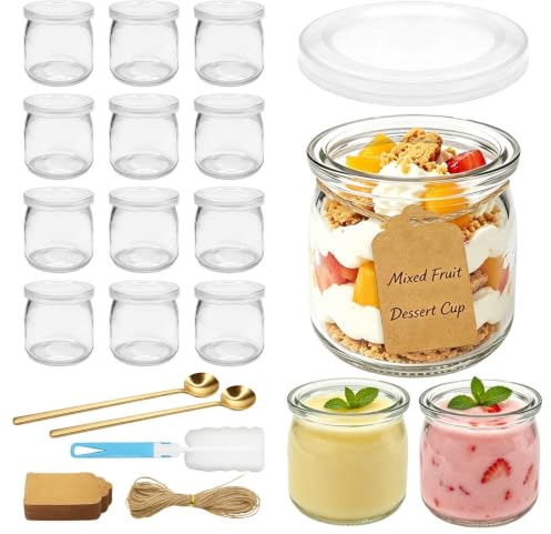 Rongrongago 12 Pièces Pots Yaourt en Verre, 150ml 150ml Pot Yaourt en Verre avec Couvercle, pour Yaourt Maison, Desserts, Overnight Oats Conservation, Pudding