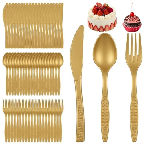 150Pcs Reusable Dessert Forks, Party Fork Spoon Set(Golden) | Convenient Reusable Spoon, Heavy Duty Cutlery Set, Elegant and Practical for Home Kitchen