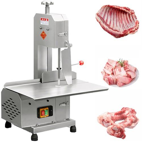 JIADUOFU Sega a Nastro Carne, Sega elettrica Ossa 750 W, Piano Lavoro in Acciaio Inox 47 x 32,5 cm, 6 Lame Incluse, Spessore Taglio Regolabile 0 a 13 cm; per Taglio Carne congelata e Costine.