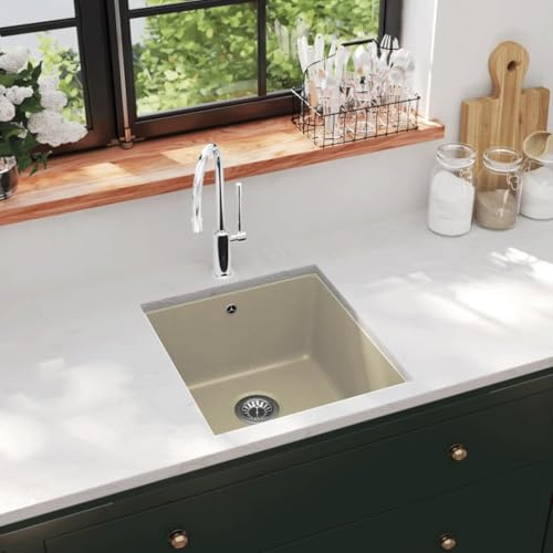 Runheo Lavello singolo in granito, beige, con cestino, 420 x 460 x 310 mm, lavello sottolavello in 80% quarzo e 20% resina, resistente al calore fino a 280 °C, antigraffio, per cucina, lavanderia