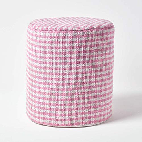 HOMESCAPES Pink Round Cotton Gingham Check Pouffe - 40 x 40 x 42 cm