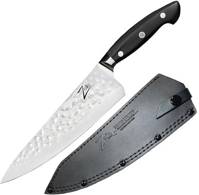 Zelite Damastmesser Set, 20,3 cm Scharfes Küchenmesser mit Etui, Japanisches Messer für Zuhause und Gastro, Profi-Messer Scharf, Damast Kochmesser, Damastmesser mit Lederetui und Mosaiknieten