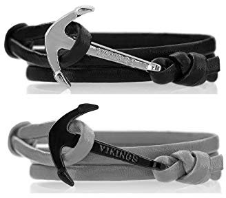 VIKINGS Anker Pärchen Armband 2er Set Leder Schwarz Grau, Leder Black Grey:Schwarz - Silber/Grau - Schwarz