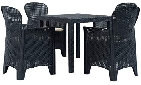 Tidyard 5-tlg. Garten-Essgruppe Set Gartenmöbel Gartengarnitur Kunststoff Gartengruppe inkl. 1 Gartentisch und 4 Stühle mit Sitzkissen, Rattan-Optik Anthrazitgrau