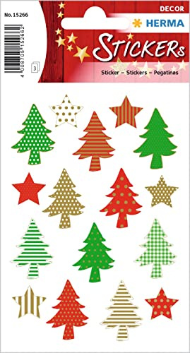 HERMA 15266 Aufkleber Tannenbaum, 48 Stück, Weihnachten Sticker mit Sterne Weihnachtsbaum Motiv, Kinder Etiketten für Weihnachtsdeko Geschenke Adventskalender Winter Dekoration Briefe DIY Basteln
