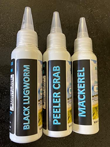 searigs Sea Fishing Extracted Bait Oils - 3 x 60ml Sample Pack Black Lugworm - Peeler Crab - Mackerel - Free Pulley Pennel Rig