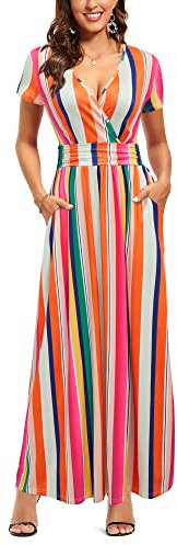OUGES Women's Summer Casual V Neck Short Sleeve Floral Pattern Wrap Ladies Maxi Long Dress with Pockets(Floral-34,L)