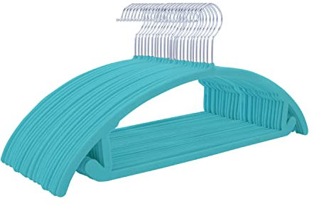 MIZGI Hochwertige Samt-Kleiderbügel (50 Stück), strapazierfähig, rutschfest, Keine Schulterbeulen, Anzugbügel – Chrom-Haken, platzsparende Kleiderbügel, Jacken, Hosen (Blaugrün/Türkis)