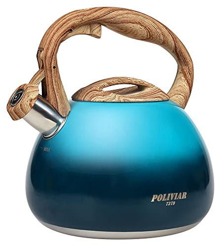Poliviar Moderne Wasserkessel Induktion Pfeifkessel aus Edelstahl, Teekessel für alle Kochplatten, Flötenkessel mit Holzgriff, Wasserkocher für Tee Kaffee, ca 2.7L, Meeresboden-Blau (JX2018-DB20-DE)