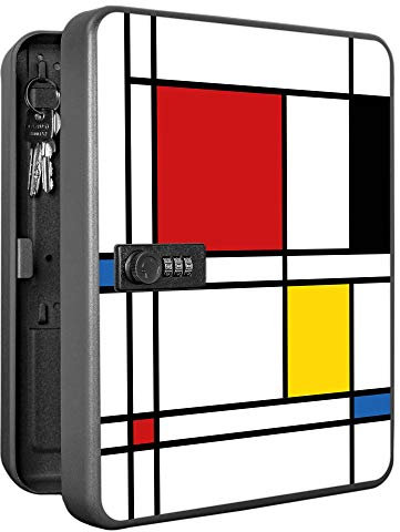 banjado Burg-Wächter abschließbarer Schlüsselkasten für 36 Schlüssel/Schlüsselkasten mit Zahlenschloss 24x30x8cm groß/Schlüsselschrank aus Stahlblech schwarz/Motiv Rot Gelb Blau