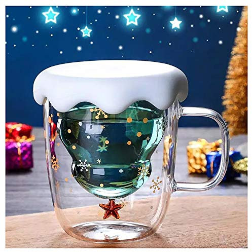 QMZDXH Christmas Tree Shaped Glass Cups, Glass Coffee Mug With Lid And Handle-10 Oz (300 ML), Double Wall, High Boron Glass Cup, for Christmas Best Creative Gifts