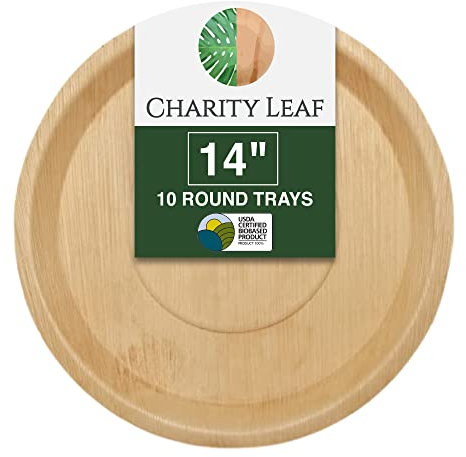 Charity Leaf - Piatto fondo usa e getta a foglia di palma come vassoio da portata rotondo in bambù | Matrimoni, Salumi e Catering | Rotondo da 14 pollici (10 vassoi)