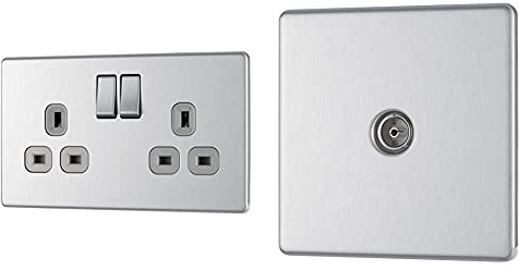 BG Electrical FBS22G-01 Double Switched Screwless Flat Plate Power Socket, Brushed Steel, 13 Amp & FBS60-01 Screwless Flat Plate Single Co-Axial Socket, Brushed Steel