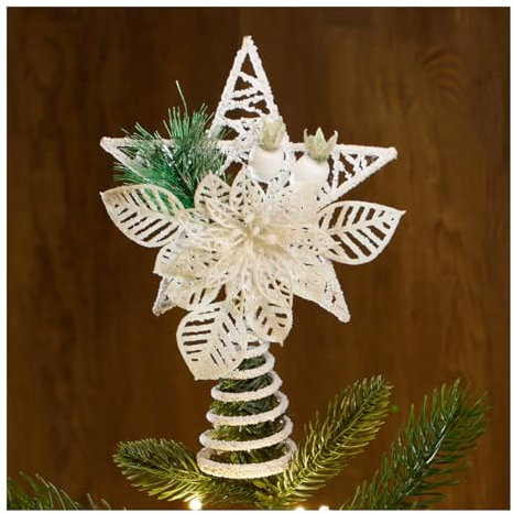COM-FOUR® Deco Star Christmas - Decorazione natalizia Stella di metallo con Deco - Stella di Natale bianca con aghi di pino, fiori e bacche