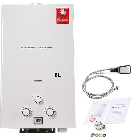 ECUTEE 8L 16KW Scaldabagno a gas di petrolio liquefatto Scaldabagno a gas propano/GPL, Scaldabagno istantaneo senza serbatoio con kit doccia, Per docce da esterno, bianco