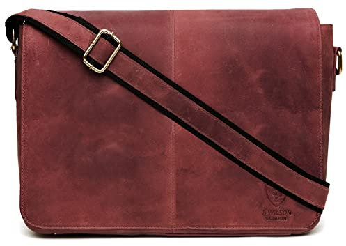 J. Wilson London Messenger Bag Mens Leather Flapover 10 litres (Distressed Maroon)