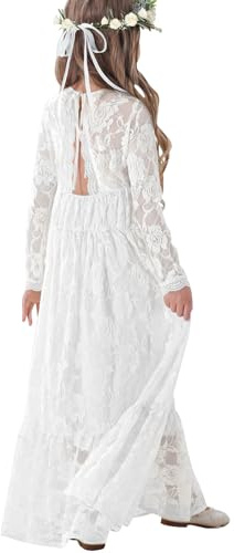 ALLOVIN Toddler & Girls Long Sleeve Lace Flower Girl Dress Maxi Boho A-Line Dress for Wedding Baptism 1st Communion | White | 6-7Y