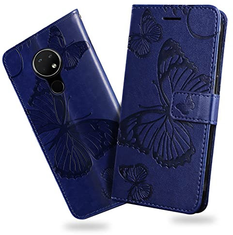 DENDICO Coque pour Nokia 7.2 / Nokia 6.2, Papillon Imprimé Housse en Cuir PU Magnétique Portefeuille, Étui à Rabat pour Nokia 7.2 / Nokia 6.2, Bleu