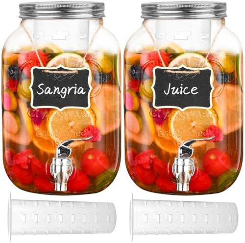Eleganttime 1 Gallon Glass Drink Dispensers for Parties,2 Pack Beverage Dispenser with Fruit Infuser,Laundry Detergent Dispenser Punch Bowls Water Juice dispensers with Easy Flow Spigot for Outdoor