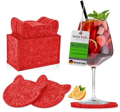 wortek Filz Untersetzer Gläser Rot in Katzenform – 10er Set mit Aufbewahrungsbox, Glasuntersetzer für Getränke, Tassen, Bar, Glas - Ø 10cm Tischuntersetzer Filzuntersetzer Gläser