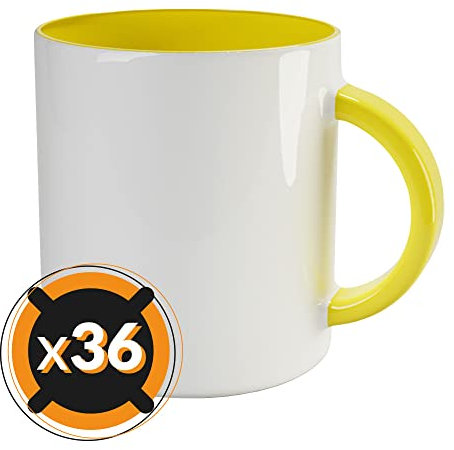 PixColor - 36 Tazas de sublimación de cerámica blanca con interior de color amarillo | 350 ml de capacidad (11 oz) | AAA | Aptas para microondas y lavavajillas | Cricut