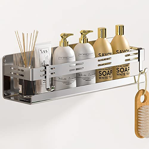 Melairy Mensola Doccia Senza Foratura, Mensola da Bagno in Acciaio Inox, Portaoggetti per Doccia Organizer con Due Ganci