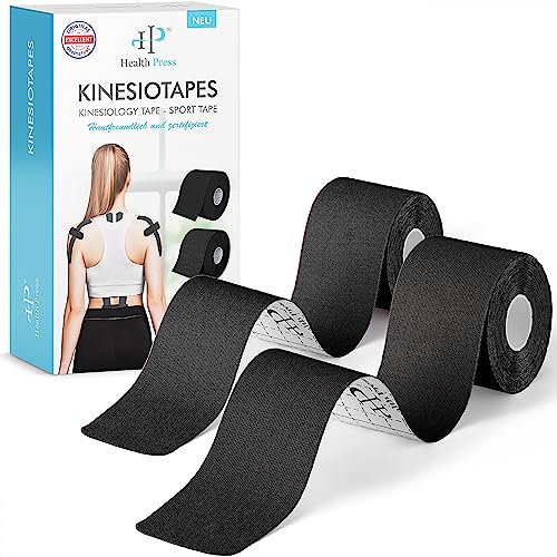Health Press® Kinesiotapes - 2 Kinesiologie Tape Rollen Schwarz + Schwarz (5cm x 5m) Kinesiotape - Profi Physio Tape & Sporttape - Hautfreundliche Tapes - DERMATEST: SEHR GUT
