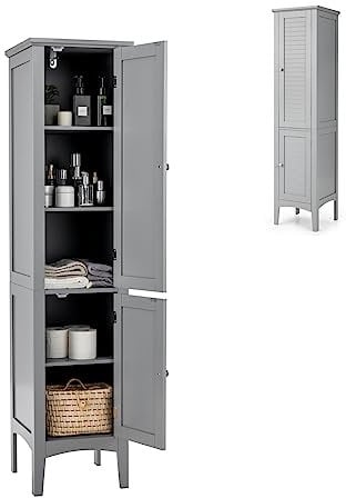 Multigot Bathroom Tall Cupboard, Slim Floor Cabinet with 5-Tier Shelves & 2 Doors, Freestanding Storage Unit for Bedroom Kitchen Living Room (Grey)