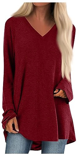 Damen Pullover, Kuschelanzug Damen V Ausschnitt Oberteil Basic Langarmshirt Herbst Musselin Bluse Flanellhemd Sportshirt Kurzarm Winter Pullover Für Pulli Mit Heizung Elegant (3-Rot,L)