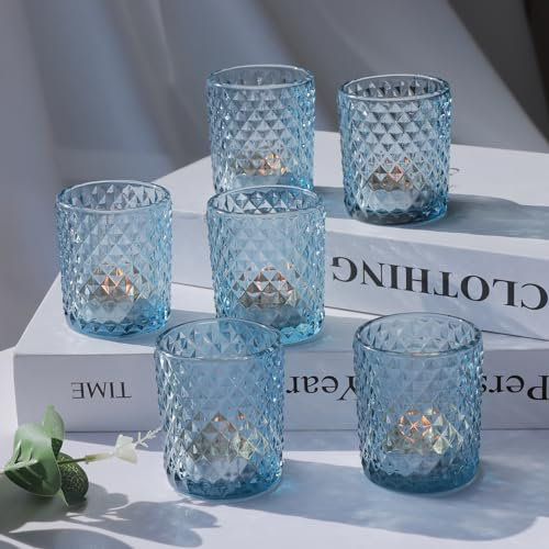 Vohocandle 12pcs Tea Light Holders Glass for Wedding Table Centerpiece, Blue Tea Light Candle Holders for Birthday Party, Blue Tealight Holders Glass for Home Decor(5.5 W × 6.5 H cm)