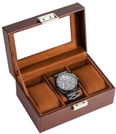 ProCase Porta Orologi Uomo a 3 Posti, Scatola Orologi in Pelle, Custodia Orologi con Coperchio in Vetro, Idea Regalo Portagioie Uomo Organizer per Orologi -Marrone