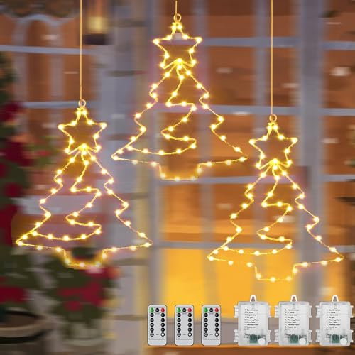 Fensterdeko Weihnachten Beleuchtet,Weihnachtsdeko mit 3 metall Sterne,55 LEDs Sterne Lichterkette Fensterdeko,8 Modi Weihnachtsbeleuchtung Deko with Timer,für Innen Außen Weihnachtsbaum Fenster Garten