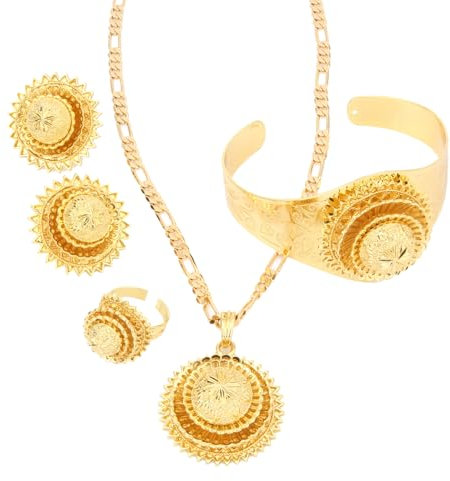 VALKEM Mode Dubai Schmuck Sets 24 Karat Gold Farbschmuck für äthiopischen runden Anhänger Trendiger Schmuck Hochzeit Jubiläum, Valentinstag, Weihnachten, Geburtstagsgeschenke