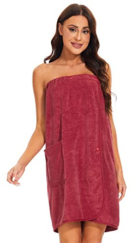 vislivin Bademantel Damen Frottee Saunakilt Saunatuch Frauen Sauna Kilt mit Druckknöpfen und Gummizug Wine Red XL