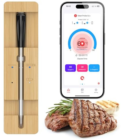 TKMARS Meat Grillthermometer Backthermometer Küchenthermometer Kabelloses Fleischthermometer mit 100-Meter-Messbereich German App für Backöfen, Grills, Pfannen und Grillplatten