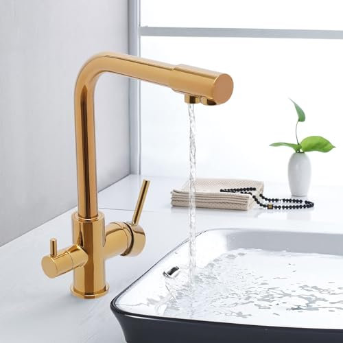 Küchenarmatur, 3 Wege Wasserhahn, 360° Drehbar Doppelhebel Mischbatterie für Wasserfilter, Trinkwasserhahn, Gold