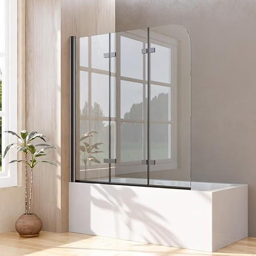 Duschwand für Badewanne 3-teilig 140x140cm Mattes Schwarz Faltbar Duschtrennwand, Glas Badewannenaufsatz Trennwand mit 6mm Nano EGS sicherheitsglas, Falttür Badewannenwand Schwenkbereich von 180°