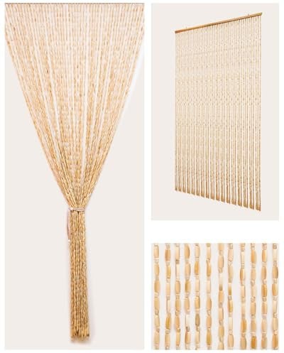 Erfolkerz Perlenvorhang für Türen, 89,9 x 200,7 cm, handgefertigt, natürliche Perlen, Boho-Türvorhang aus Holz und Bambusperlen, als Insektenschutz/Raumteiler, Beige