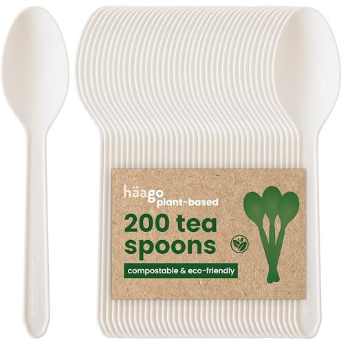 HAAGO 400 Teaspoons Biodegradable Compostable Cutlery (White, 12.5cm) - Eco-Friendly Utensils for Coffee, Dessert, Ice Cream - Heavy Duty 100% All-Natural Materials