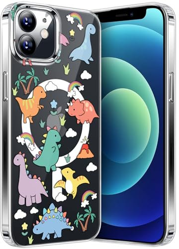 nicekool Hülle für iPhone 12/12 Pro Kompatibel mit MagSafe, Magnetische HandyHülle Case für iPhone 12 Schutzhülle Kratzfeste Rückseite Transparent Süßes Cartoon, Muster Dinosaurierland